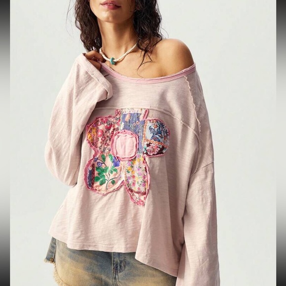 Floral patchwork top tee long sleeve light blush rose pink distressed wide NWT - Picture 1 of 5